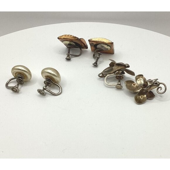 1950-60s Sterling Earrings Vintage 7 Pr Lot-Copper Porcelain Lucite Estate Find - Picture 6 of 9